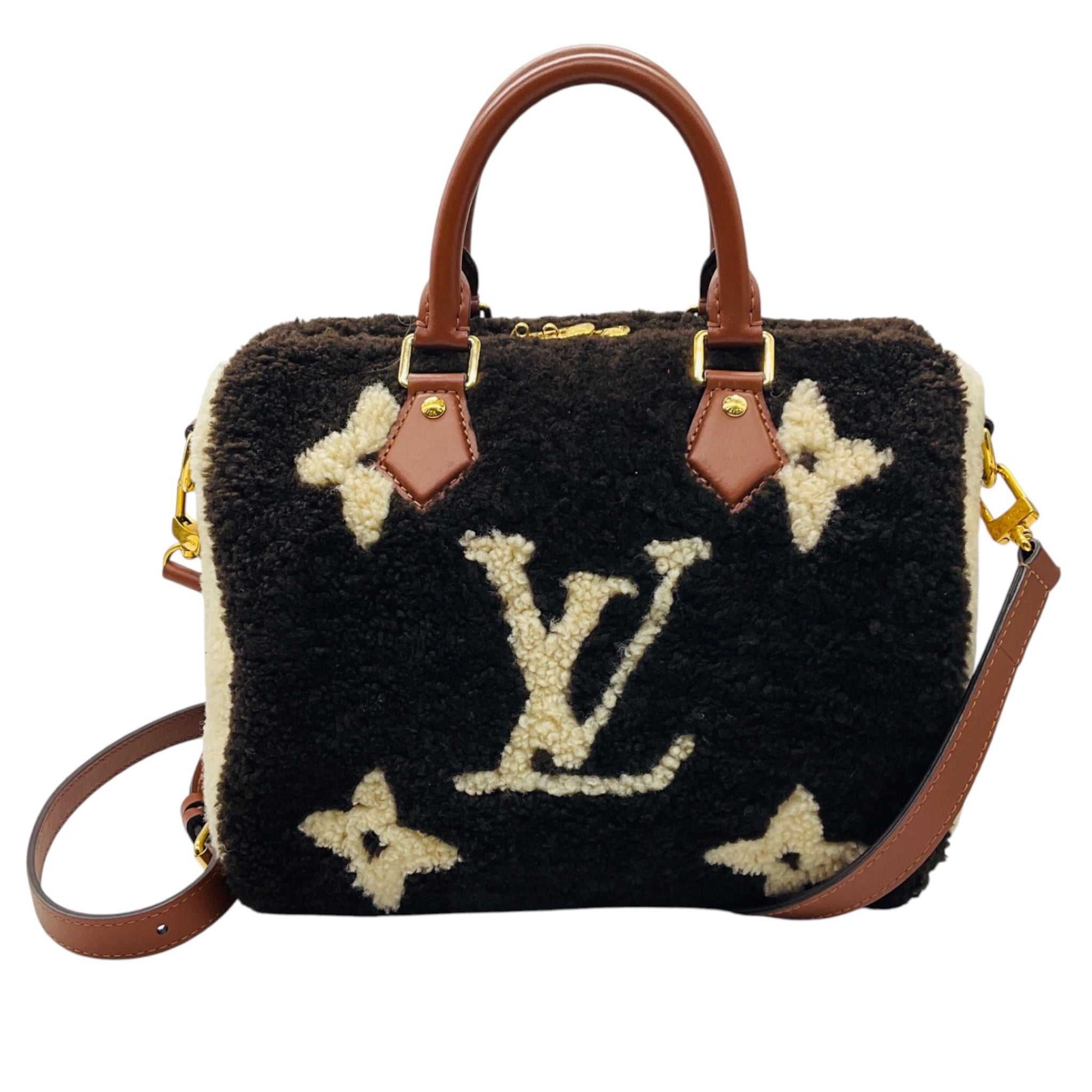 Louis Vuitton Chocolate / Cream Shearling Monogram LV Ski Cozygram Speedy Bandouliere 25 Handbag