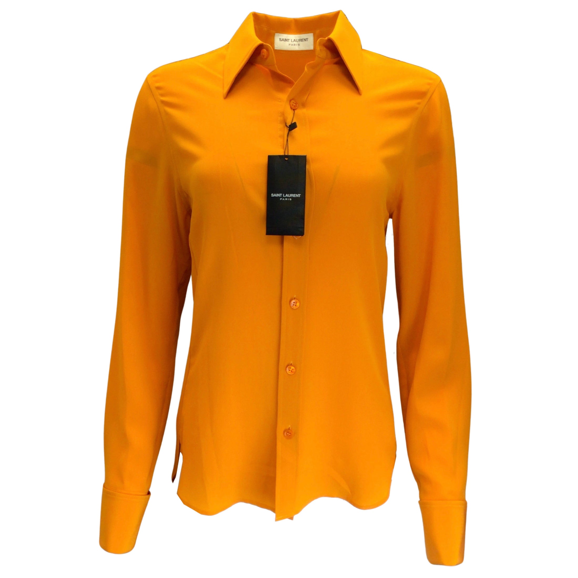 Saint Laurent Orange 2021 Fitted Long Sleeved Silk Crepe de Chine Button-down Shirt