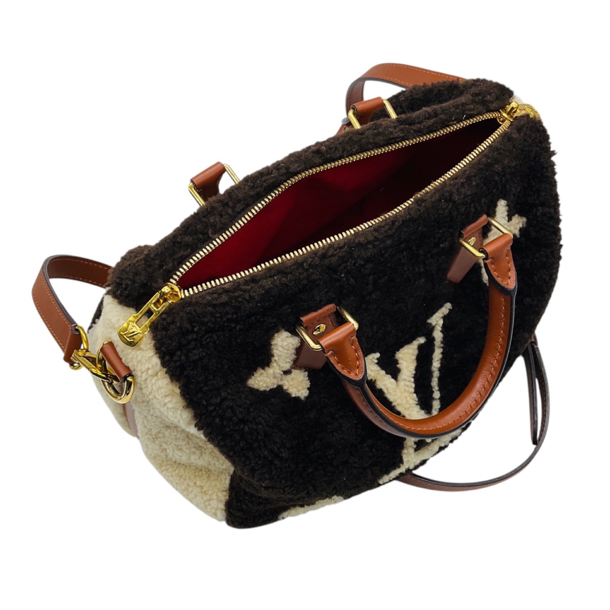 Louis Vuitton Chocolate / Cream Shearling Monogram LV Ski Cozygram Speedy Bandouliere 25 Handbag