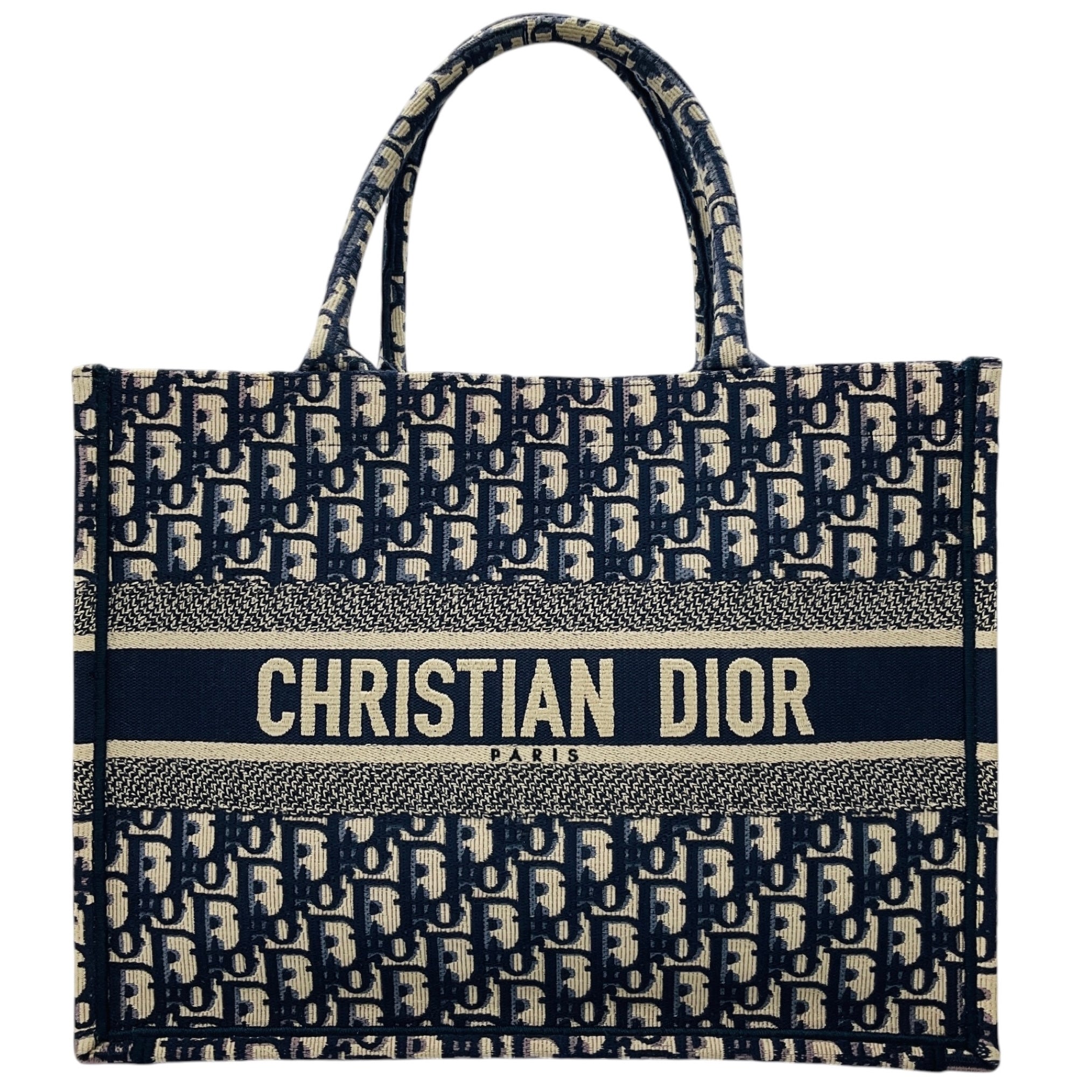 Christian Dior Ecru / Blue Dior Oblique Embroidery Medium Dior Book Tote Handbag