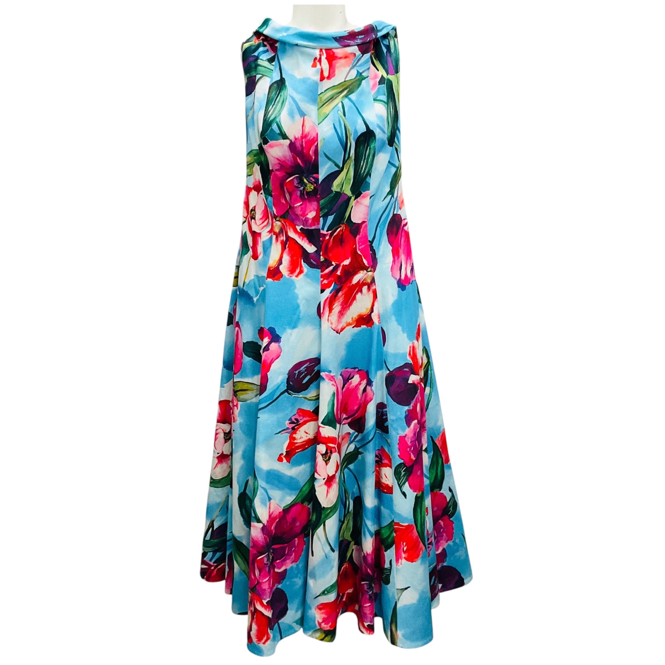 Talbot Runhof Light Blue Multi Floral Cotton Pique Midi Dress
