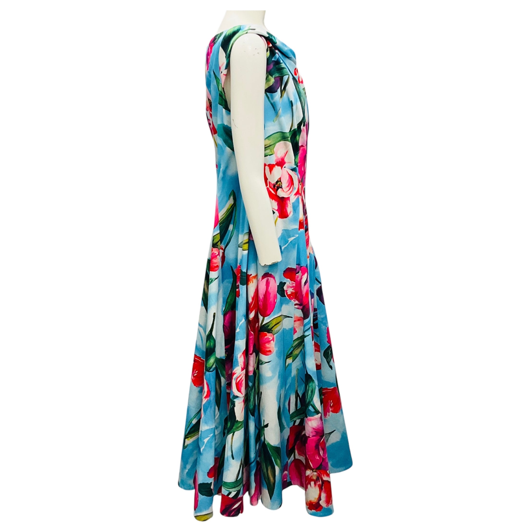 Talbot Runhof Light Blue Multi Floral Cotton Pique Midi Dress