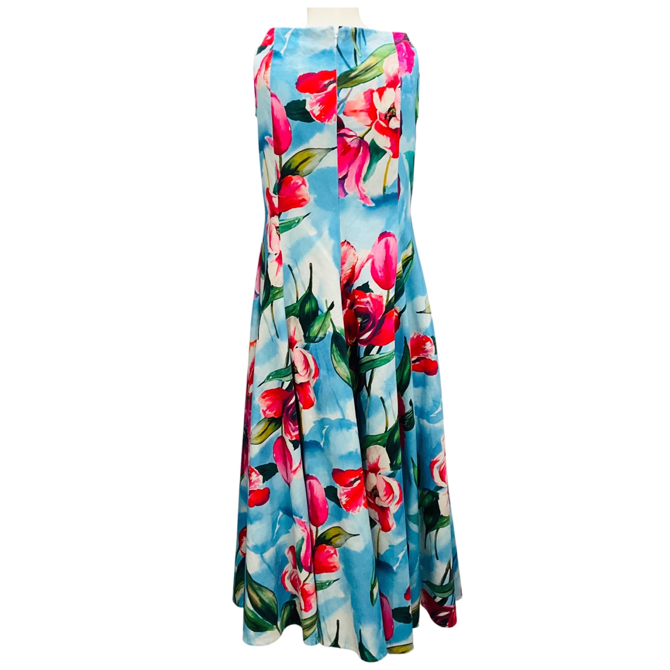Talbot Runhof Light Blue Multi Floral Cotton Pique Midi Dress
