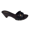 Load image into Gallery viewer, Tod's Black / Gold Studded Wood Heel Patent Leather Slide Sandals
