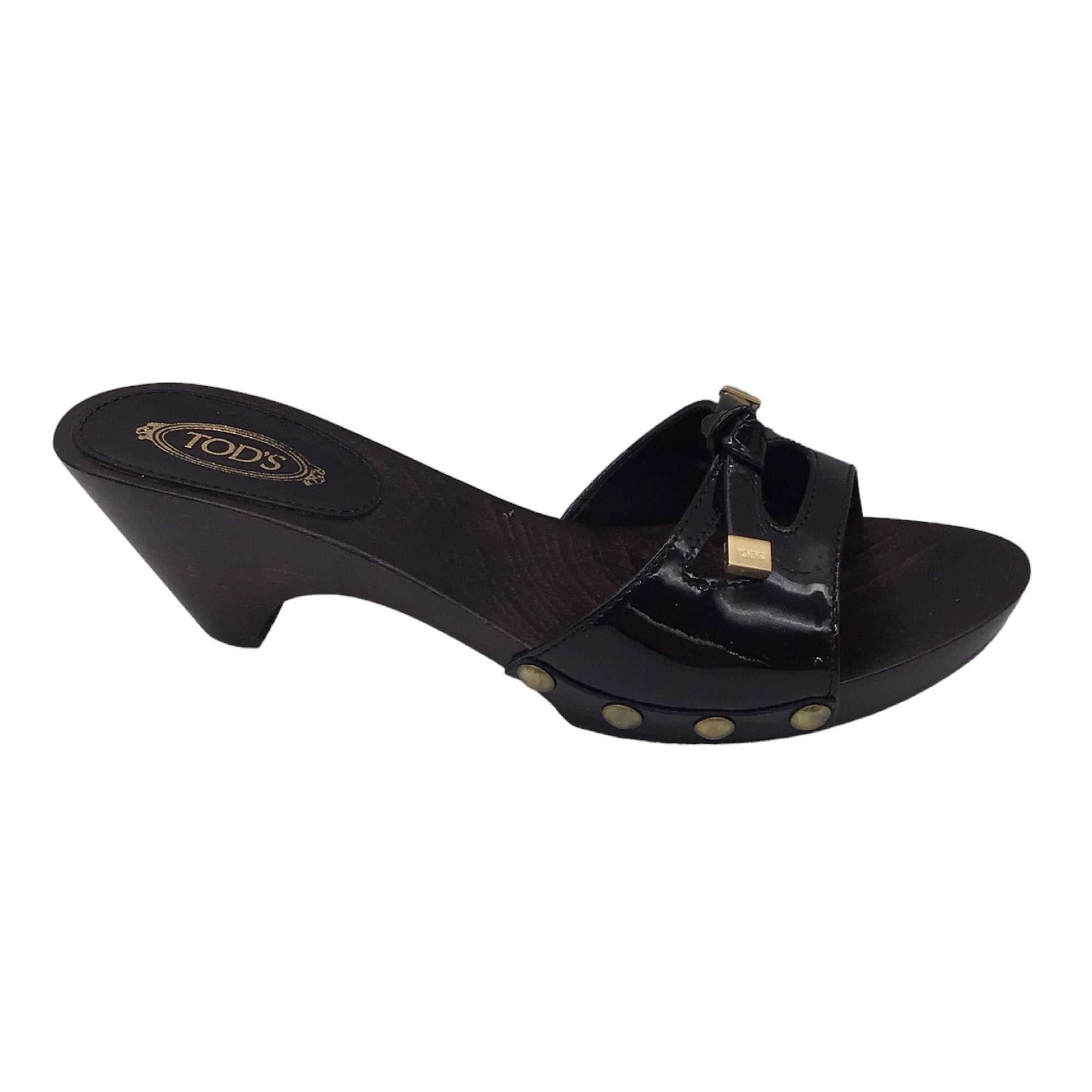 Tod's Black / Gold Studded Wood Heel Patent Leather Slide Sandals