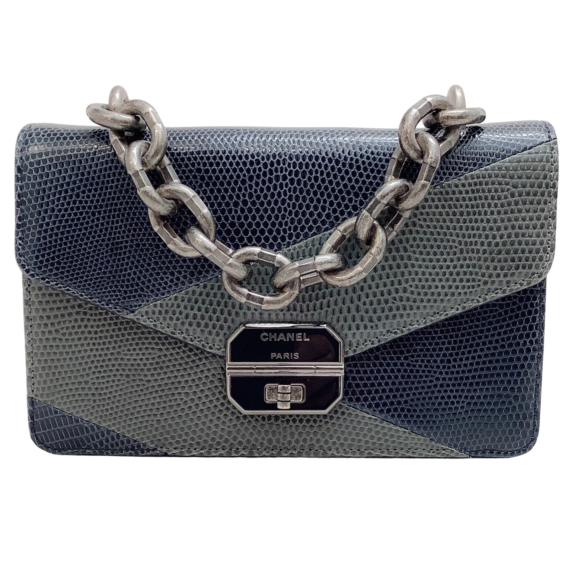 Chanel 2016 Navy / Grey Lizard Flap Bag