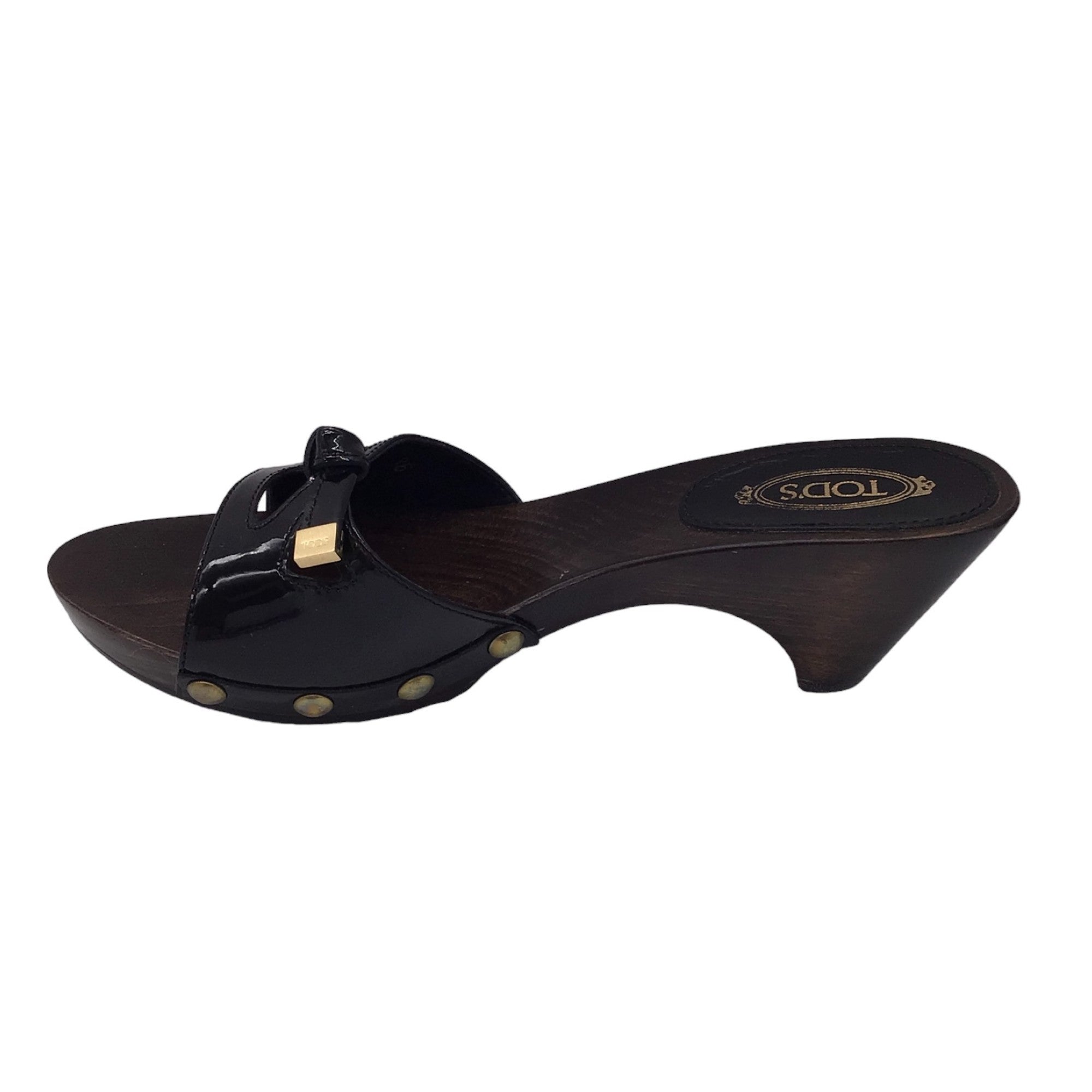 Tod's Black / Gold Studded Wood Heel Patent Leather Slide Sandals