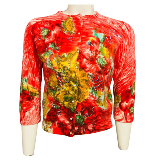 Libertine Coral Multi Embellished Knit Cardigan Sweater with Pearl Buttons