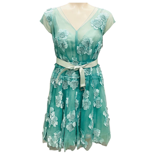Marc Jacobs Aqua Floral Embroidered Lace Mini Cocktail Dress with Belt