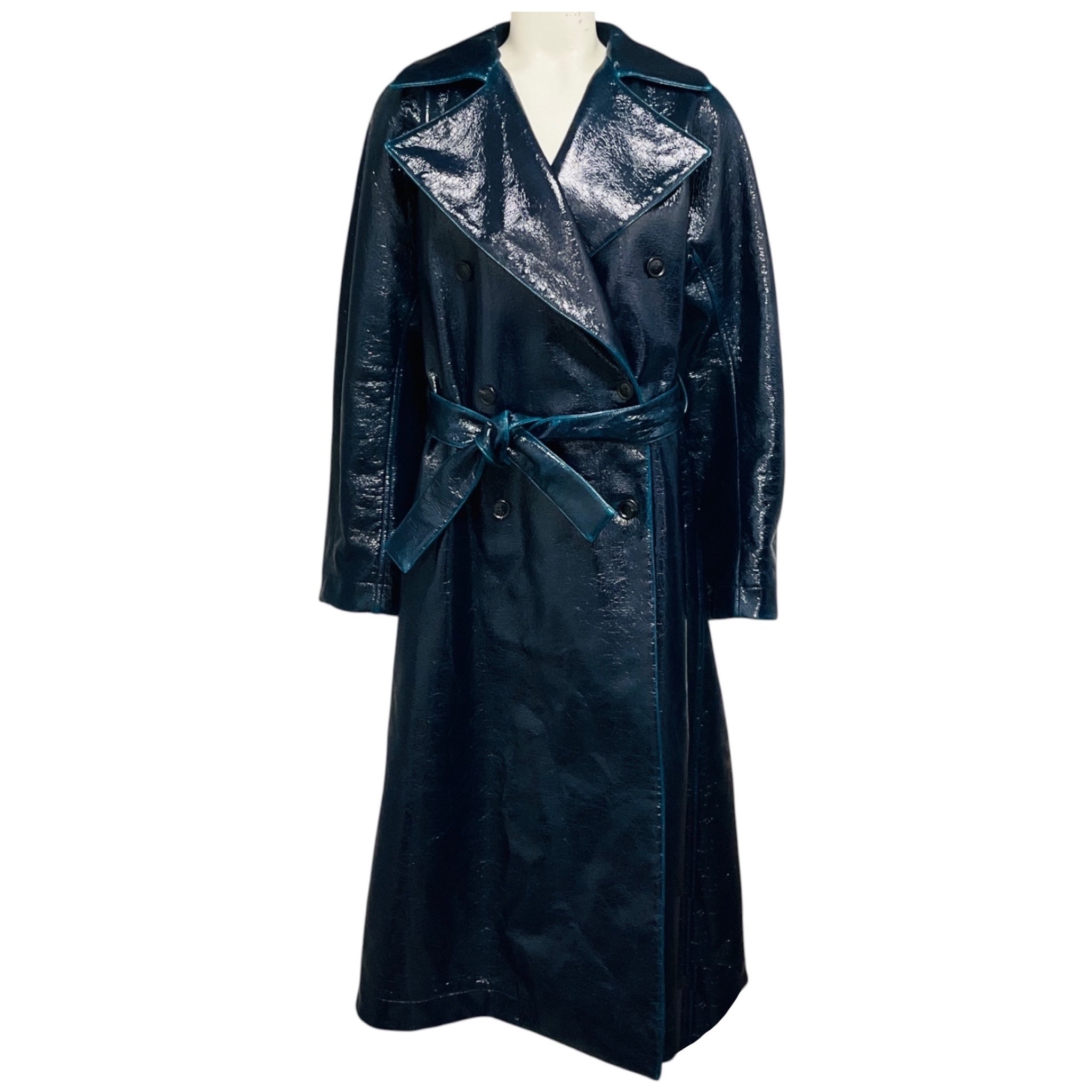 Alaia Petrol Blue Mirror Wool Double Breasted Long Trench Coat