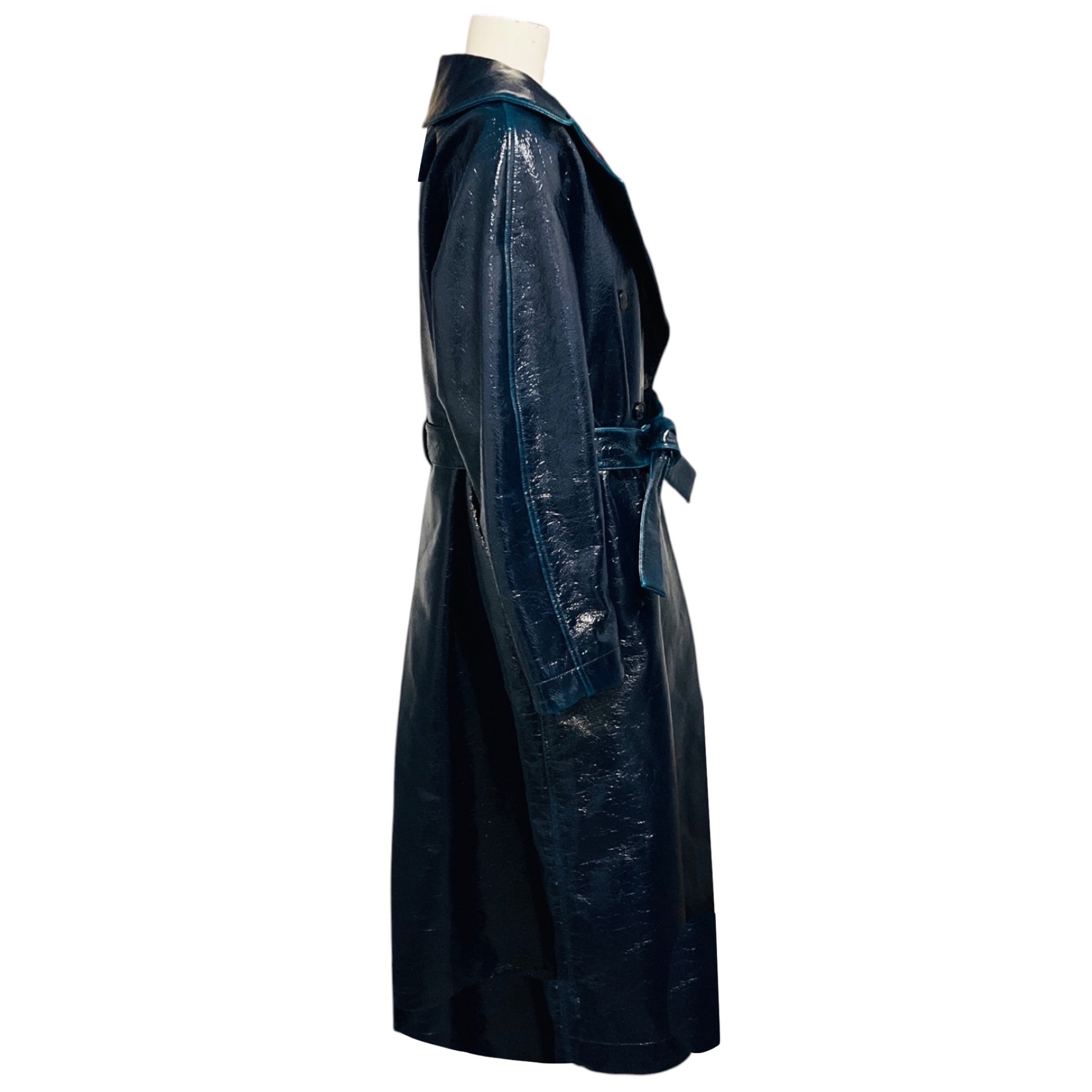 Alaia Petrol Blue Mirror Wool Double Breasted Long Trench Coat
