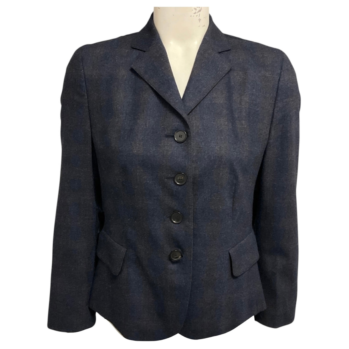 Akris Punto Navy Blue Plaid Button Front Wool and Cashmere Jacket
