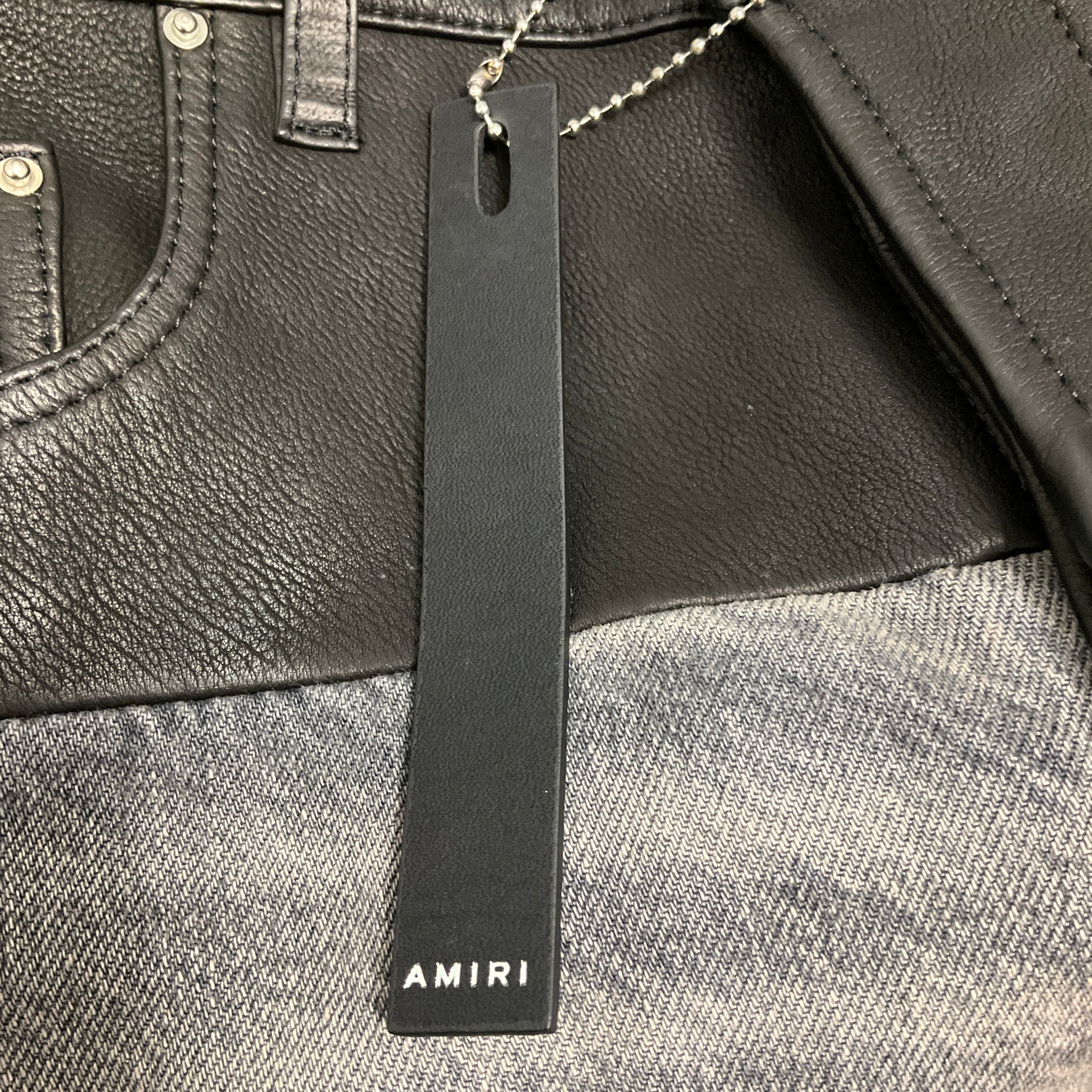 Amiri Black Washed Grey Black Denim Jeans with Black Leather Trim