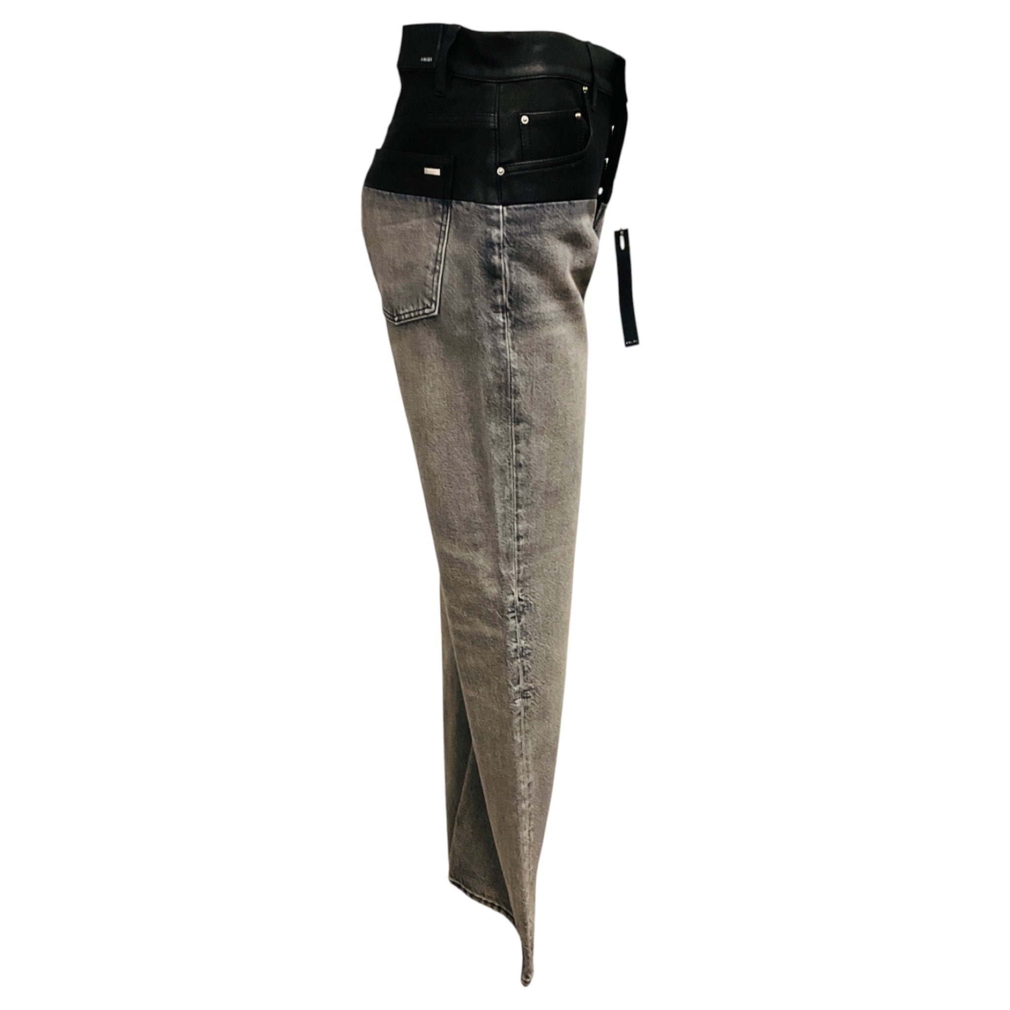 Amiri Black Washed Grey Black Denim Jeans with Black Leather Trim