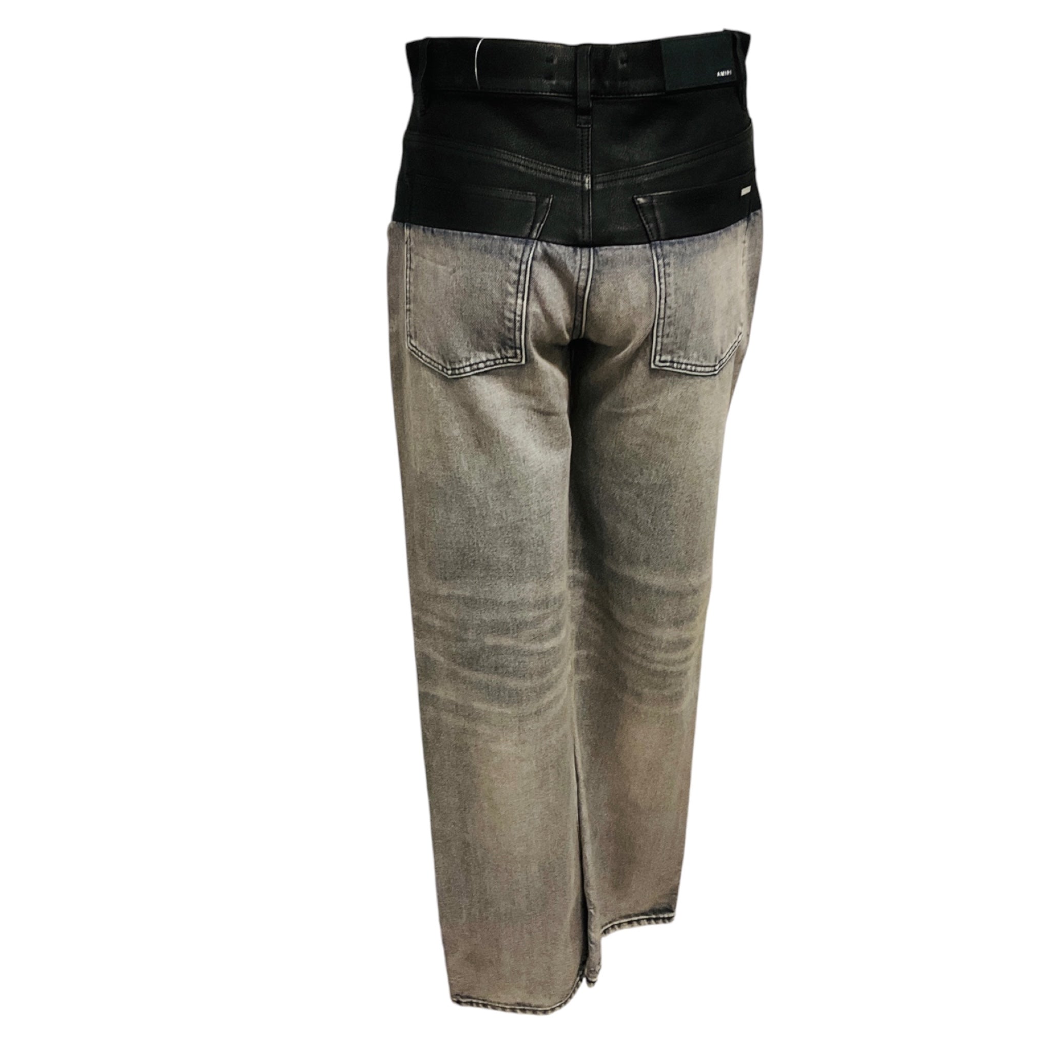 Amiri Black Washed Grey Black Denim Jeans with Black Leather Trim