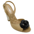 Load image into Gallery viewer, Chanel Beige Peep Toe Wedges With Black Camellia
