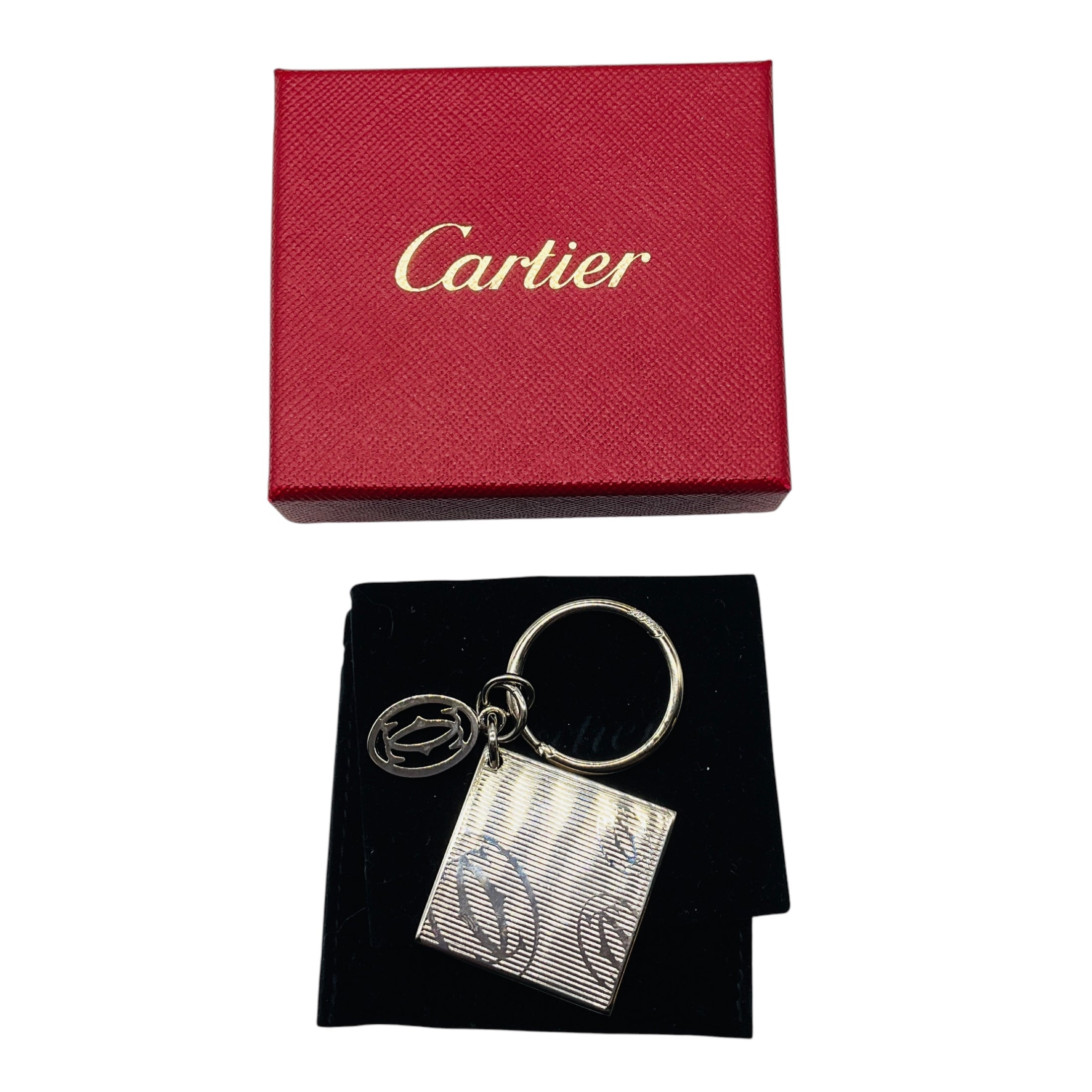 Cartier RARE Silver Logo Charm and Square Pendant Keychain