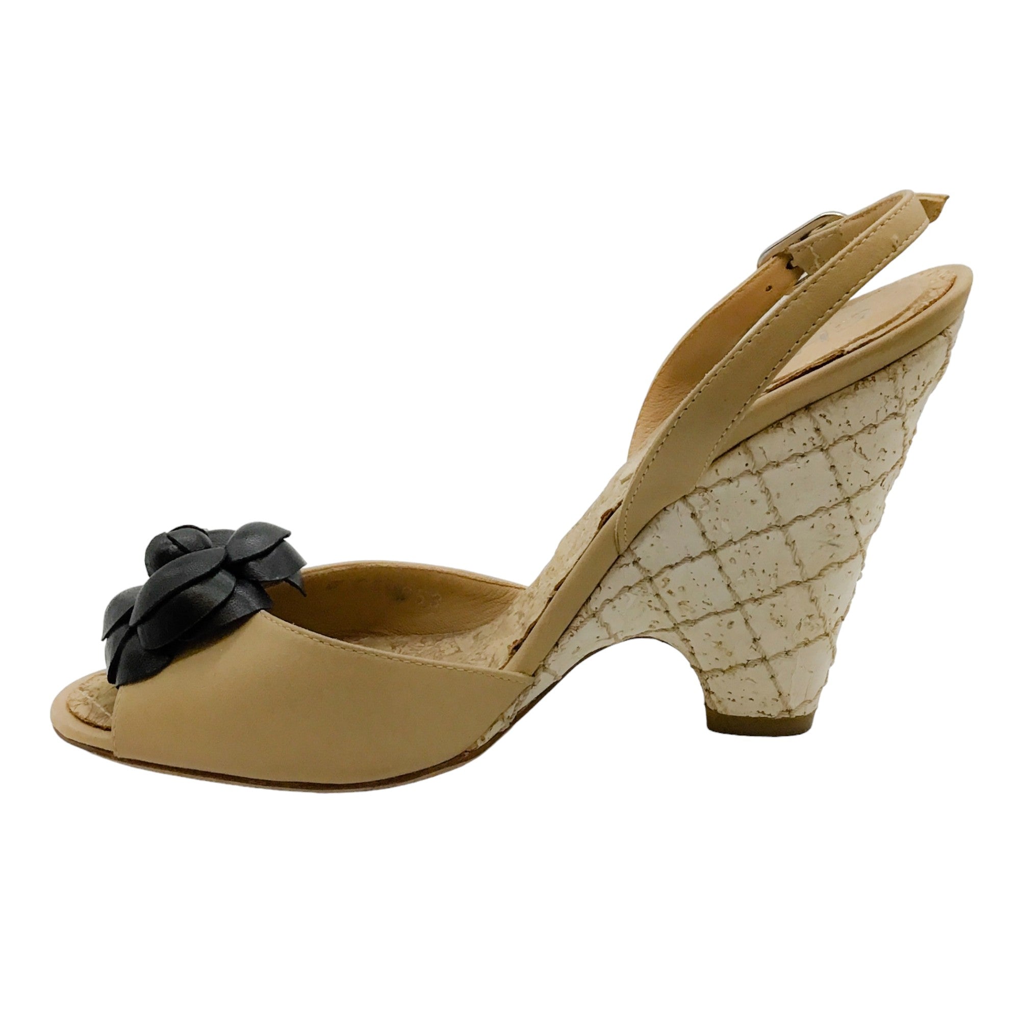 Chanel Beige Peep Toe Wedges With Black Camellia