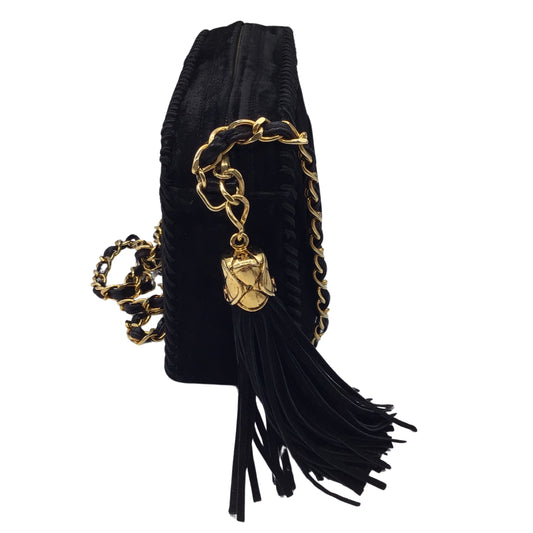 Chanel Vintage Black / Gold Tassel Detail CC Logo Embossed Suede Leather Handbag