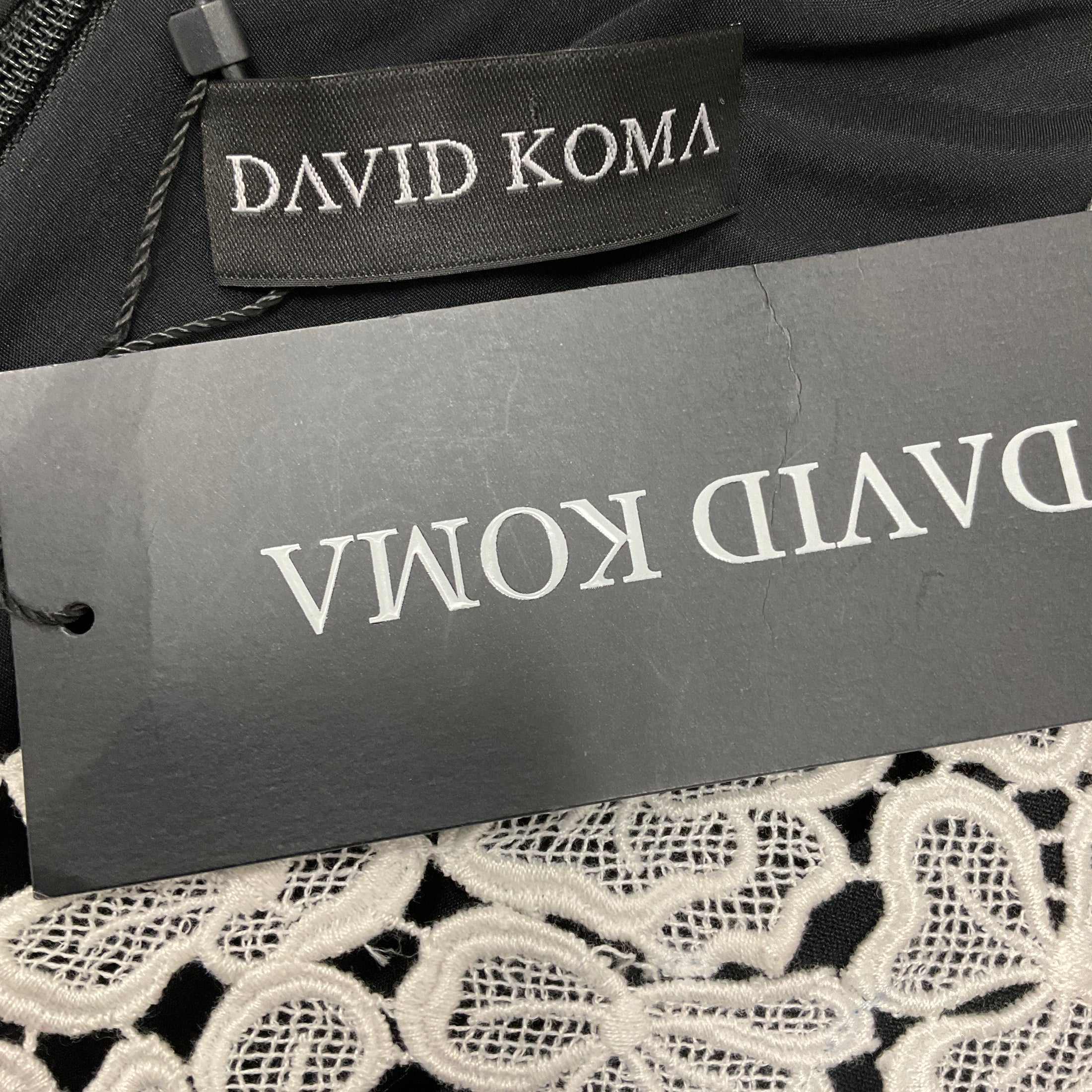 David Koma Black / White Cady & Macrame Lace Trim Long Sleeve Mini Dress