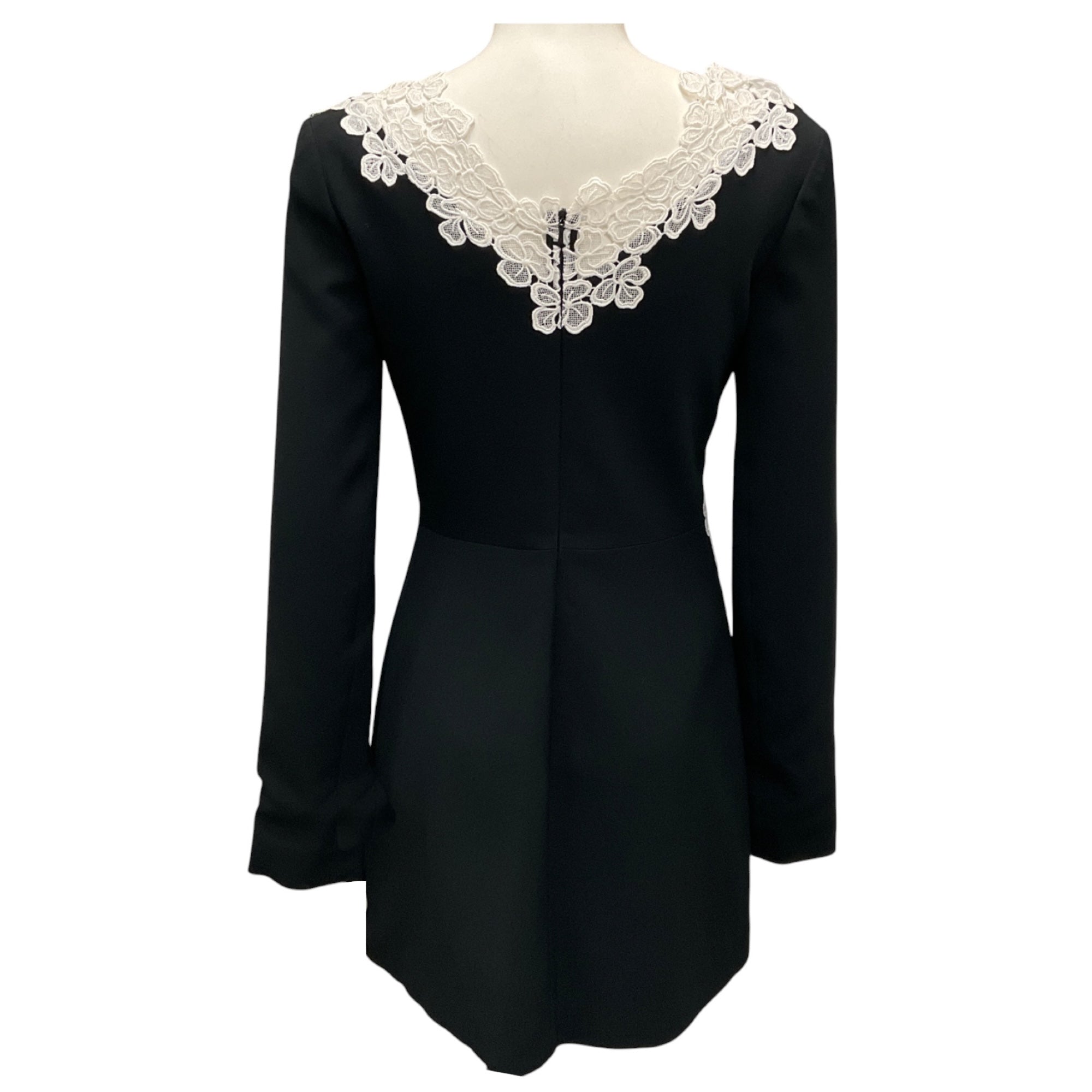 David Koma Black / White Cady & Macrame Lace Trim Long Sleeve Mini Dress