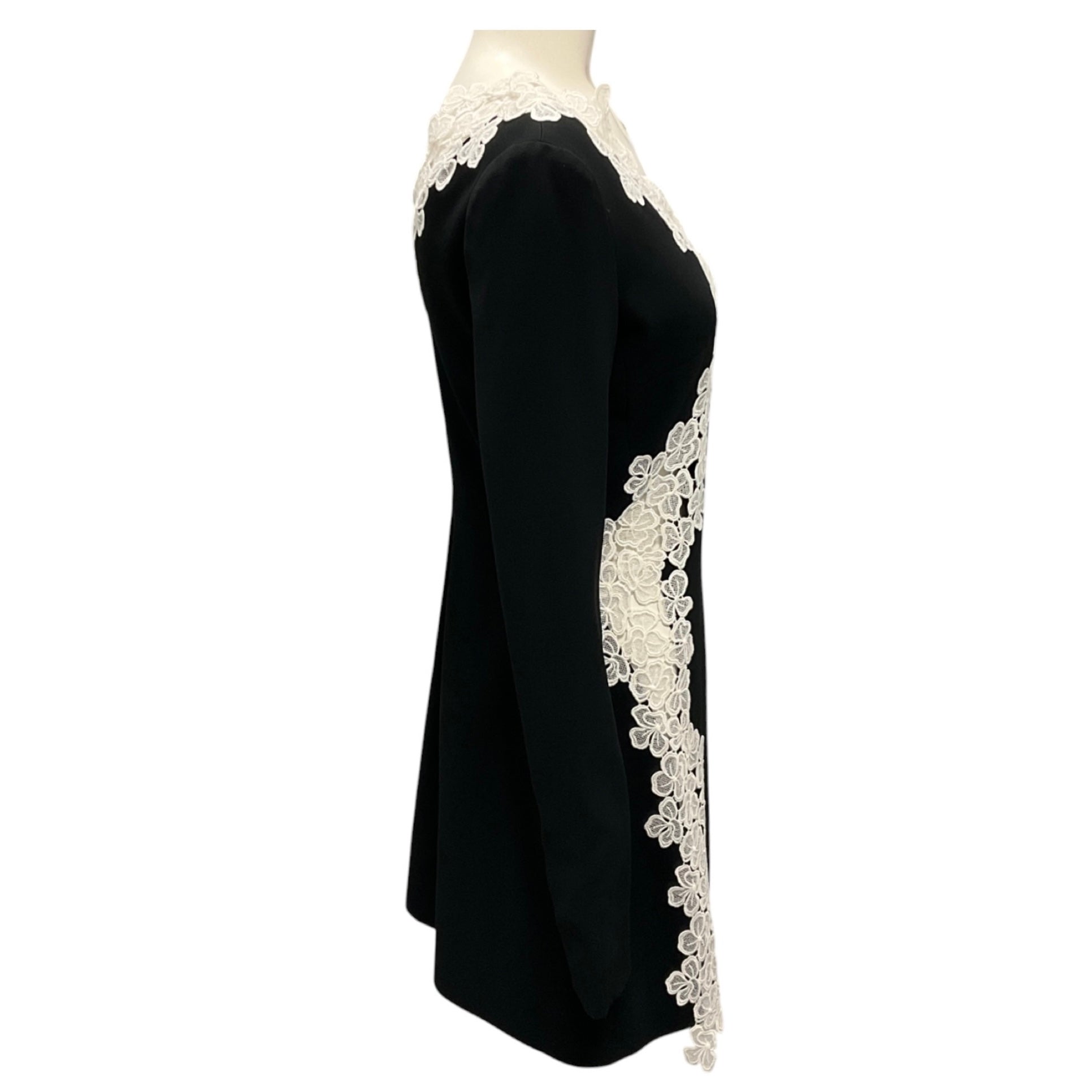 David Koma Black / White Cady & Macrame Lace Trim Long Sleeve Mini Dress