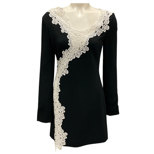 David Koma Black / White Cady & Macrame Lace Trim Long Sleeve Mini Dress
