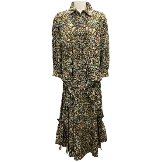 Maison Mayle Black Multi Printed Silk Blouse and Skirt Two-Piece Set