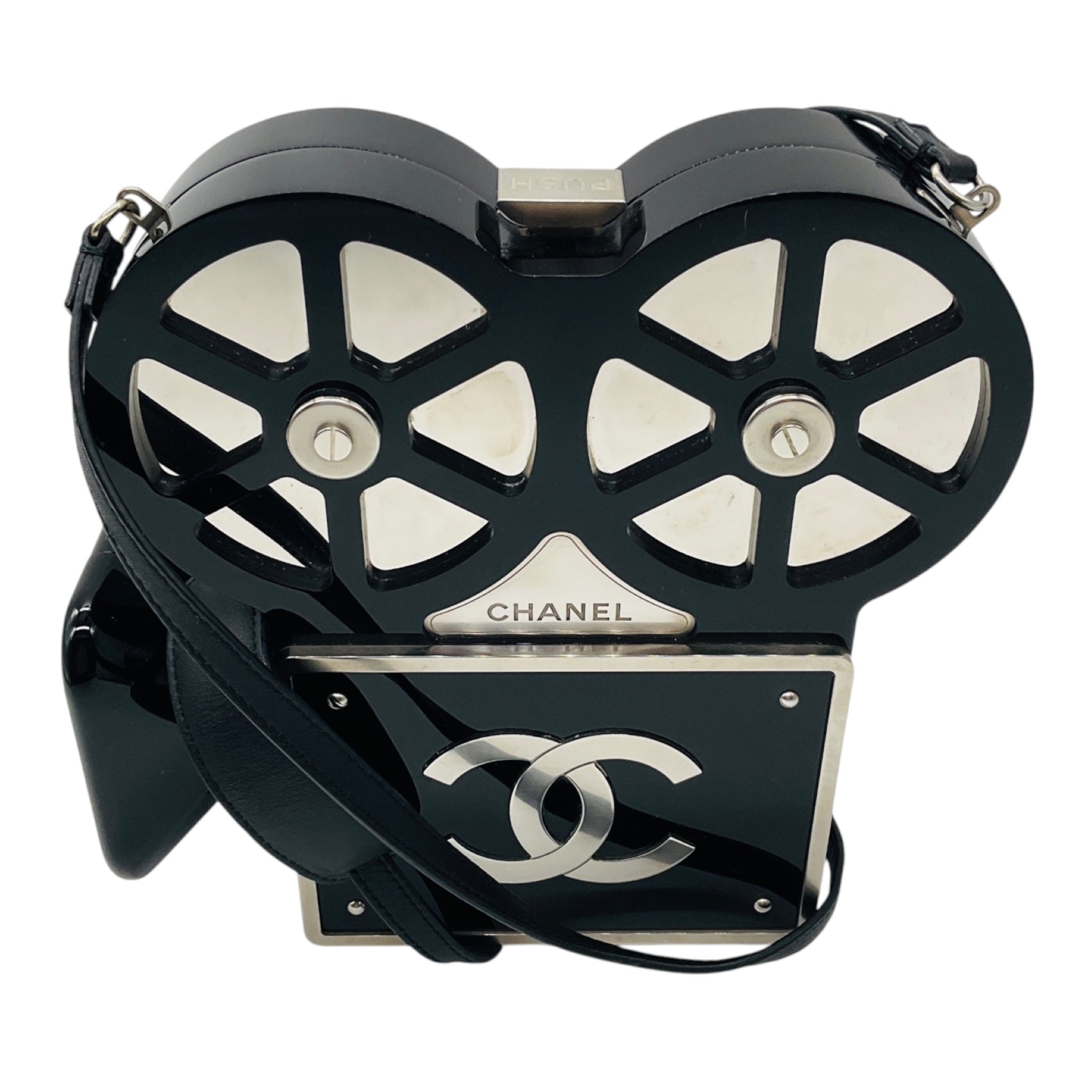Chanel Black 2016 Plexiglass Crystal Buonasera Film Projector Minaudiere Clutch