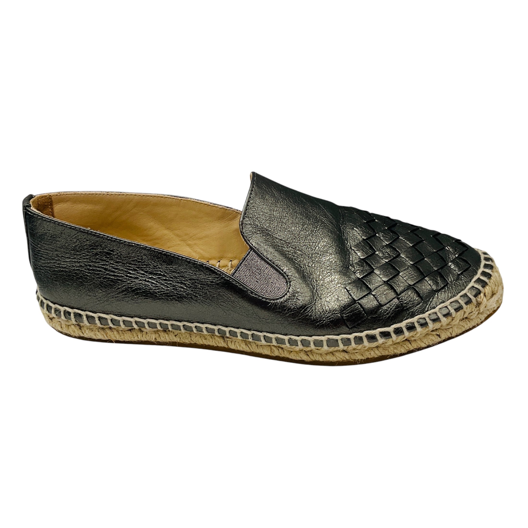 Bottega Veneta Gunmetal Metallic Intrecciato Woven Leather Espadrille Flats