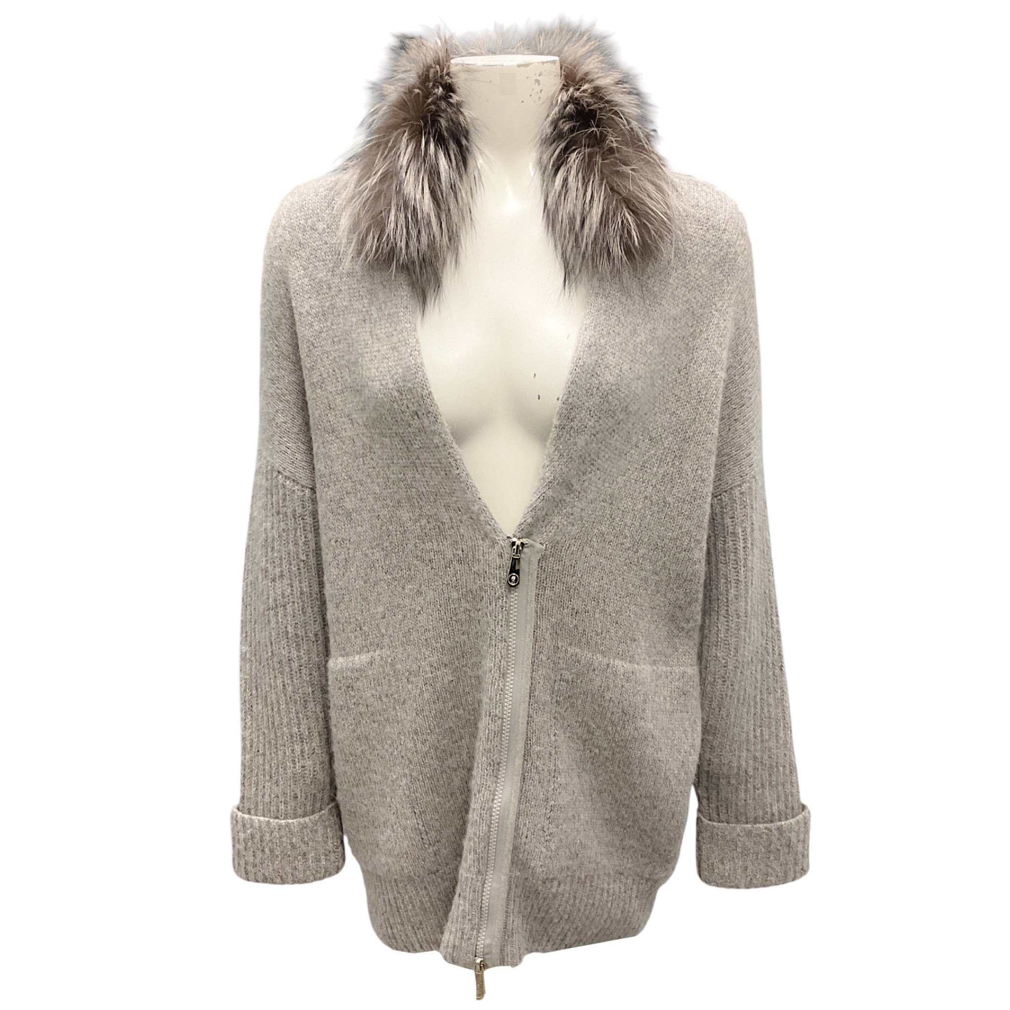 Peserico Grey Fur Trimmed Knit Cardigan Sweater