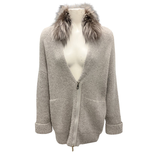 Peserico Grey Fur Trimmed Knit Cardigan Sweater