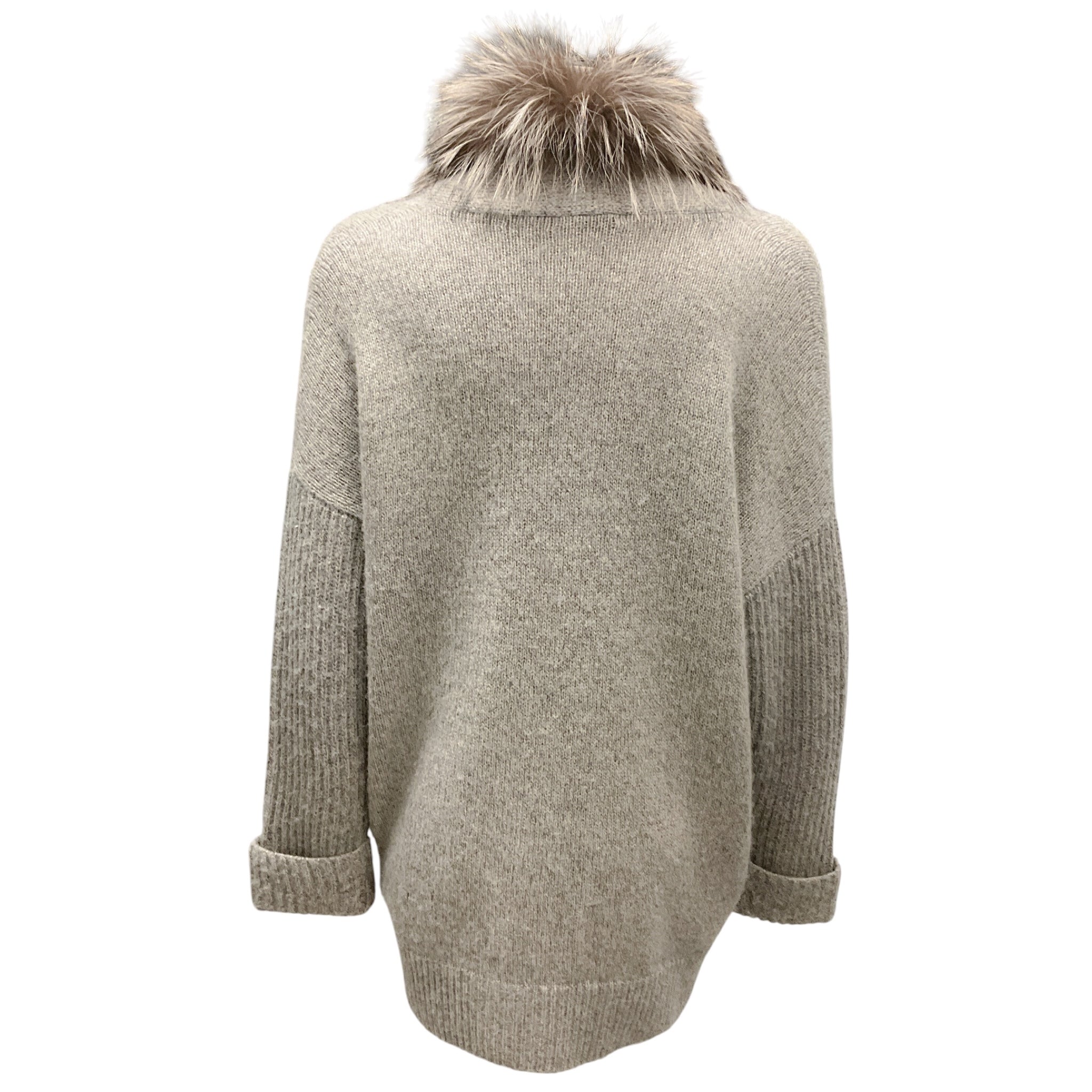 Peserico Grey Fur Trimmed Knit Cardigan Sweater