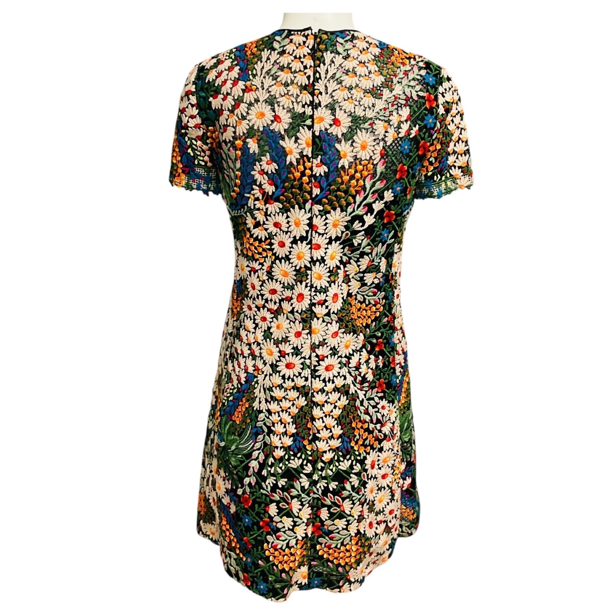 Valentino Multicolor Short Sleeved Floral Embroidered Lace Mini Dress