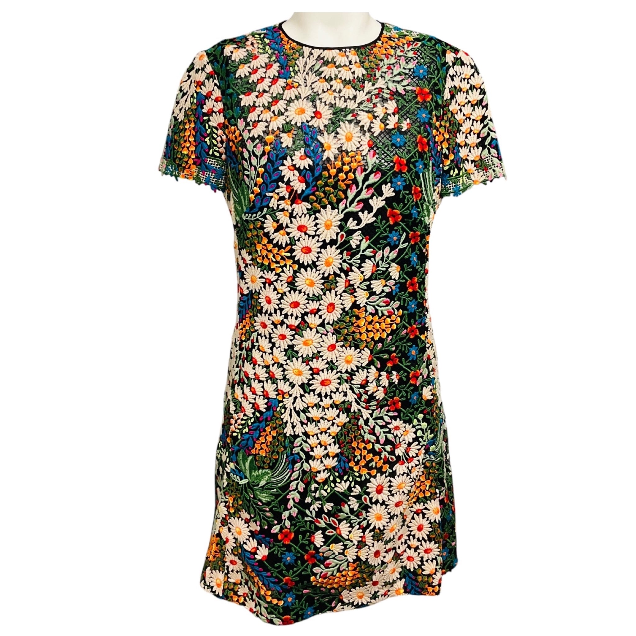 Valentino Multicolor Short Sleeved Floral Embroidered Lace Mini Dress
