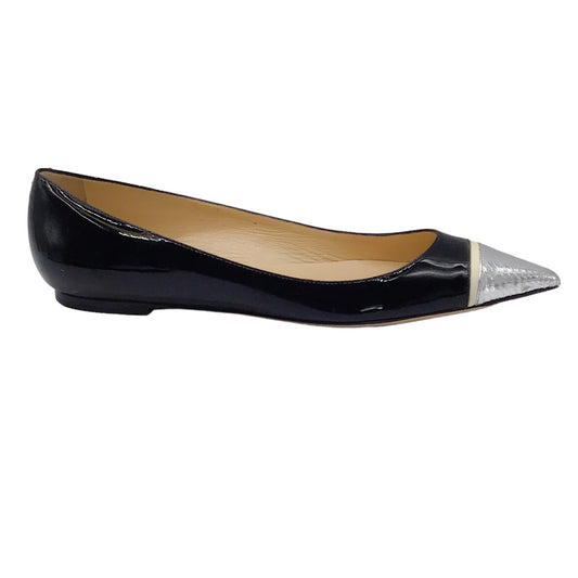 Jimmy Choo Black / Ivory / Silver Metallic Snakeskin Pointed Toe Patent Leather Flats