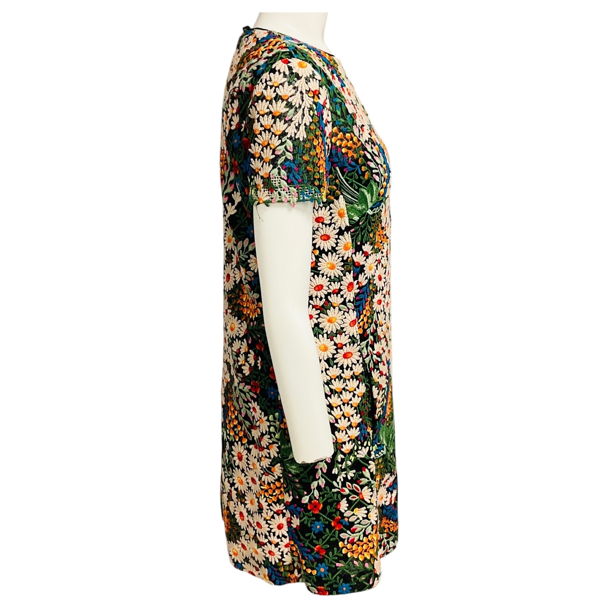 Valentino Multicolor Short Sleeved Floral Embroidered Lace Mini Dress