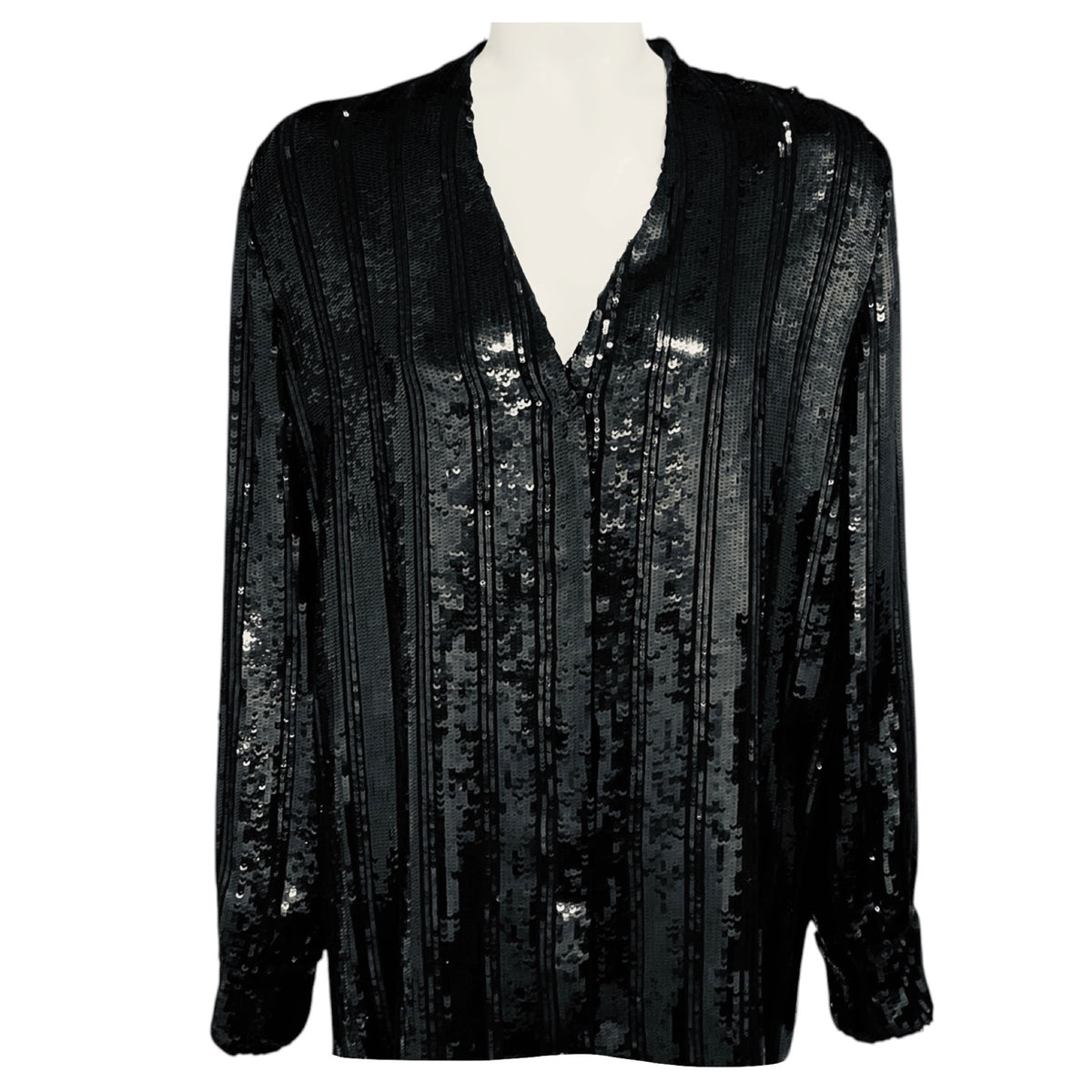 Sally LaPointe Black Sequined Striped Blouse