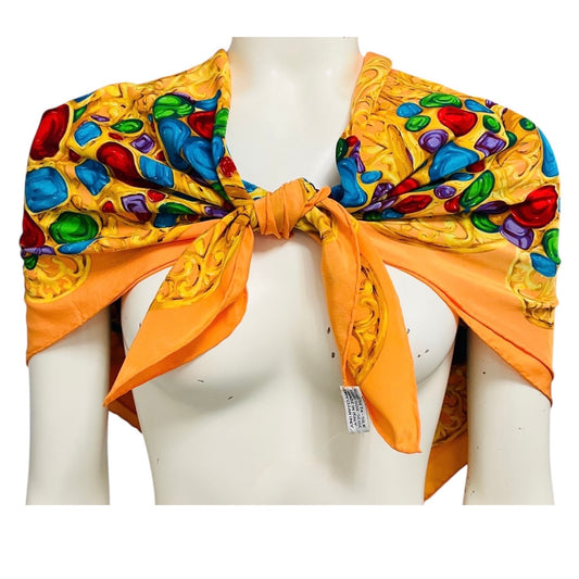 Chanel Vintage Orange Multi Jewel Print Square Silk Twill Scarf