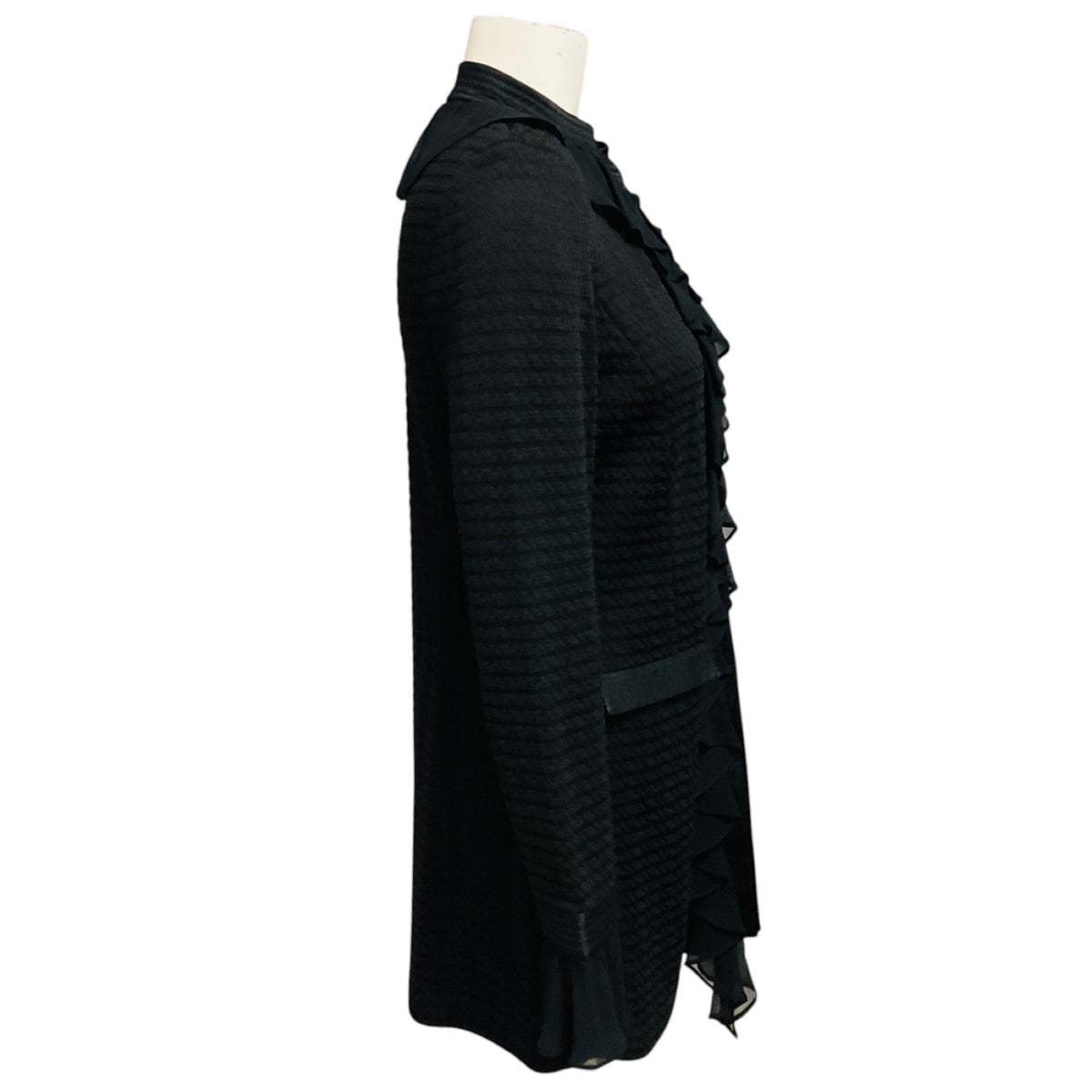 St. John Black Knit Jacket with Ruffled Chiffon Trim
