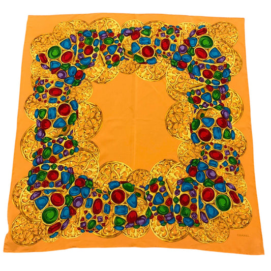 Chanel Vintage Orange Multi Jewel Print Square Silk Twill Scarf