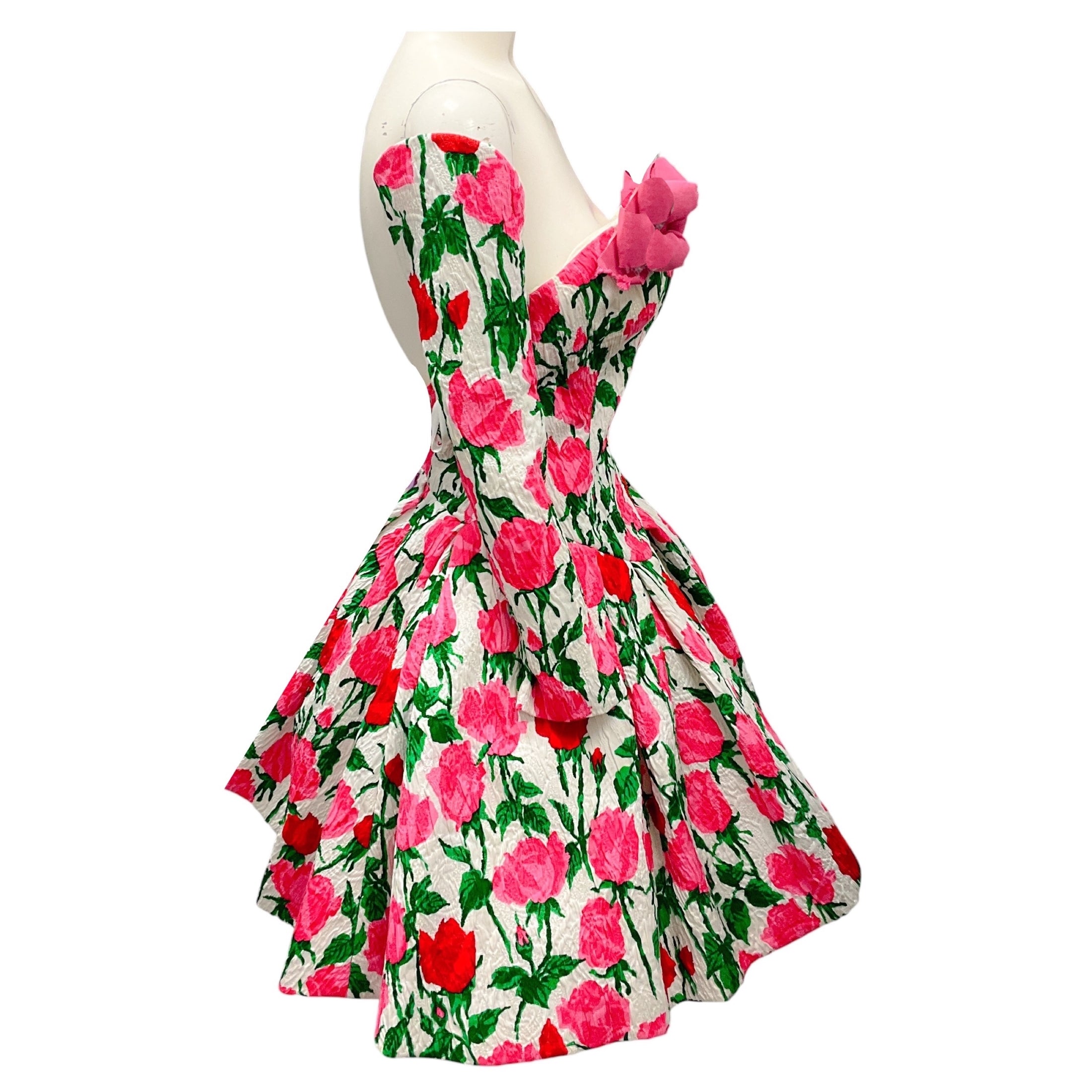 Christian Lacroix Vintage White / Pink Multi Floral Mini Dress with Sleeves
