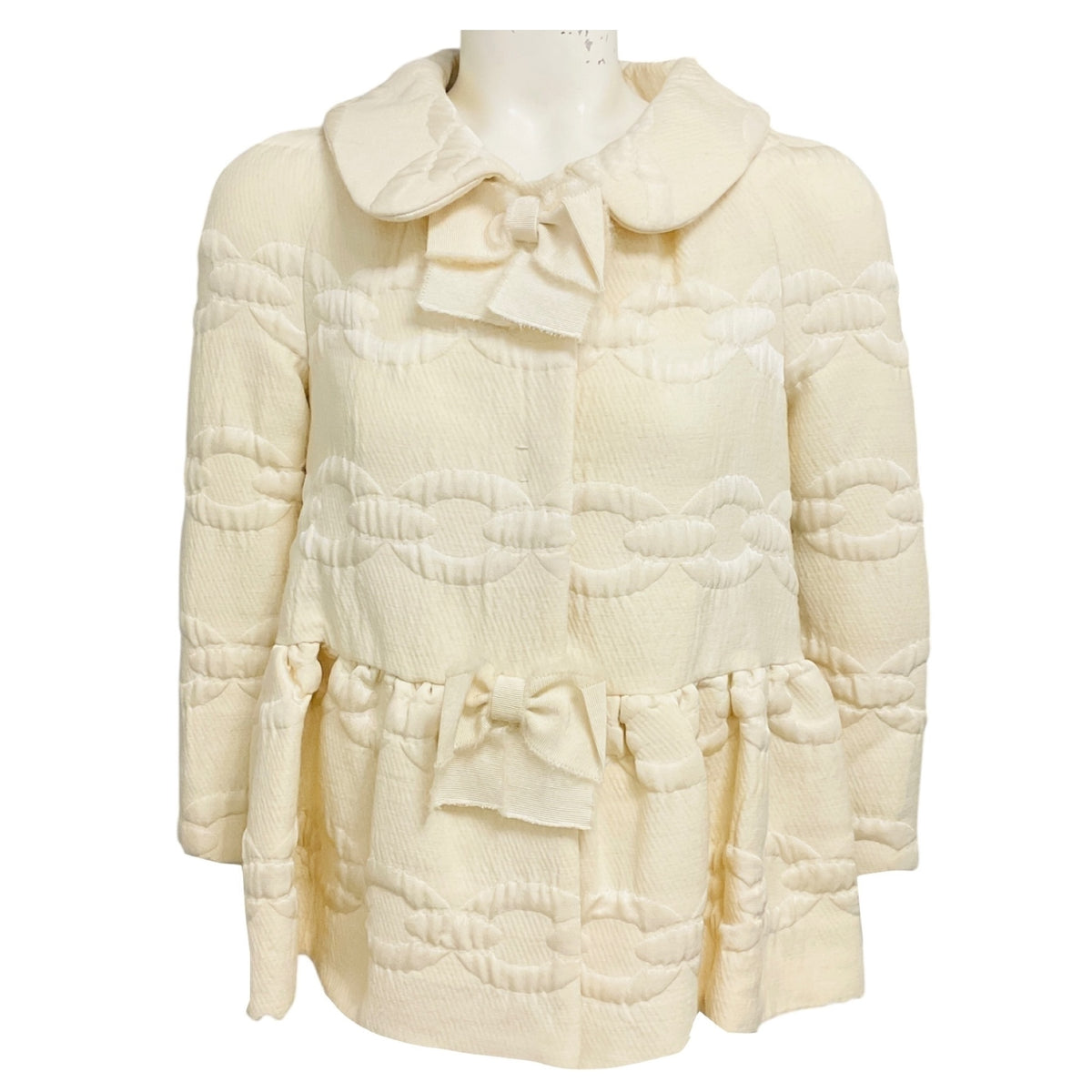 Giambattista Valli Ivory Chain Link Embroidered Wool Jacket with Grosgrain Bow