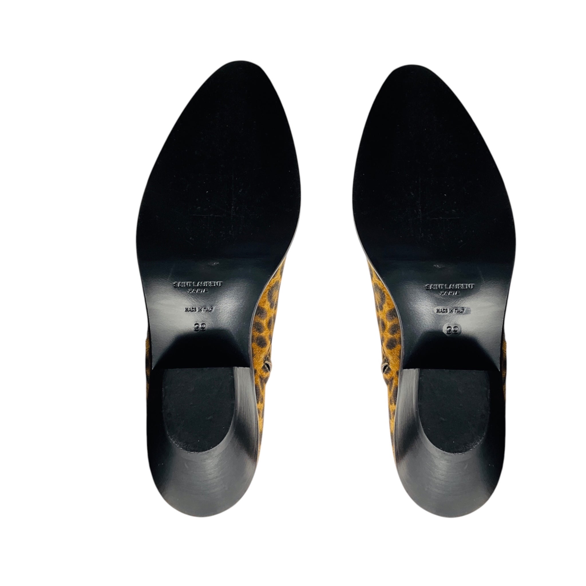 Saint Laurent Camel / Brown / Black West Leopard Print Suede Ankle Boots