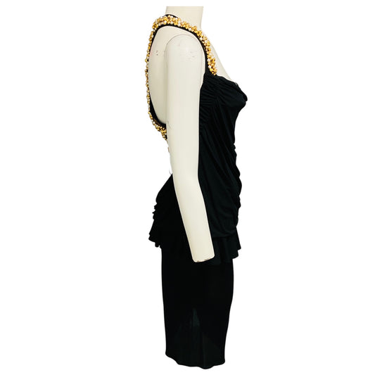 Moschino Archivio Black / Gold Bead and Pearl Embellished Midi Cocktail Dress