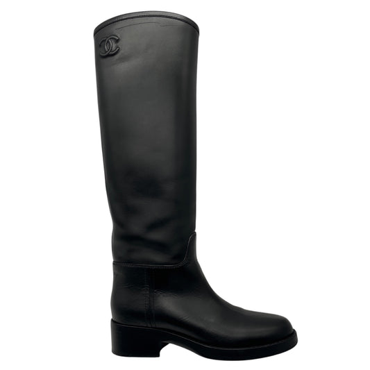 Chanel Black 2022 CC Logo Embossed Quilted Calfskin Leather Tall High Riding Boots