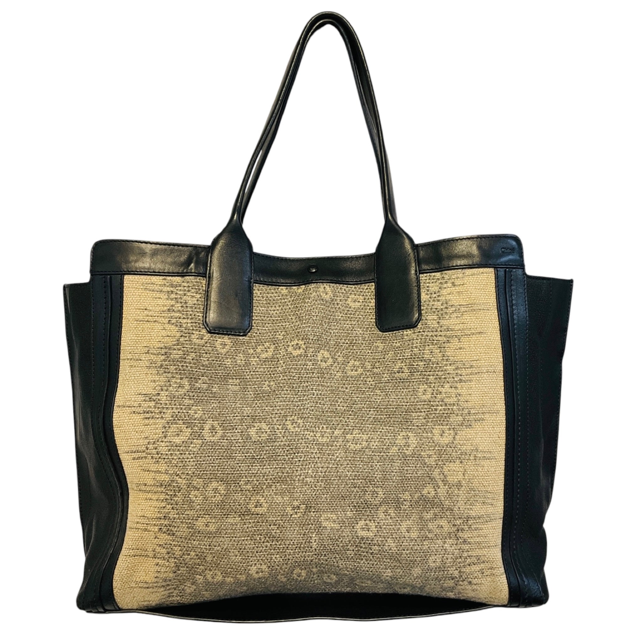 Chloe Beige / Black Fabric and Leather Double Top Handle Tote Bag