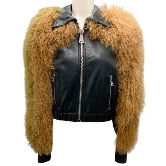 Amkie Black / Tan Lambskin Leather and Mongolian Fur Jacket