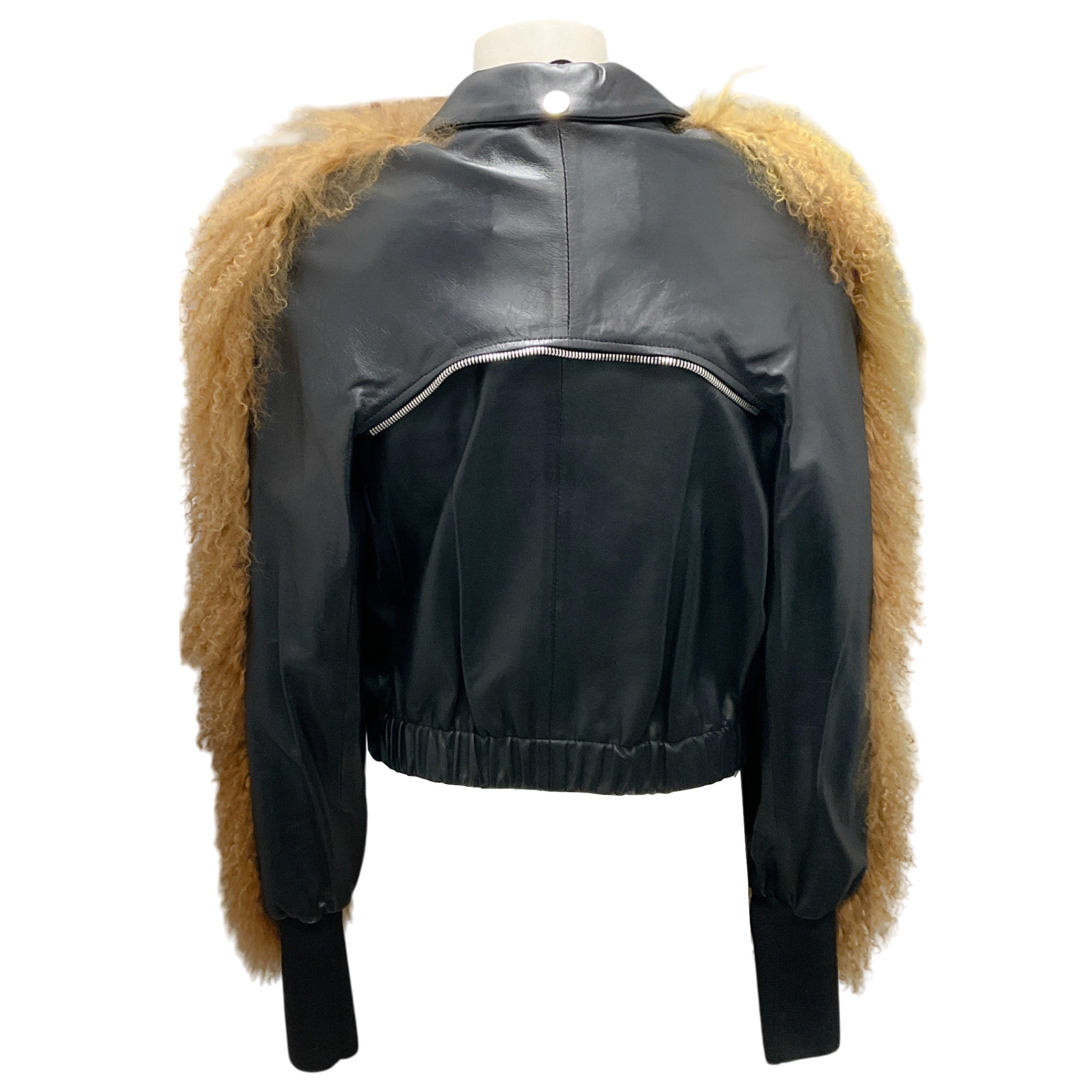 Amkie Black / Tan Lambskin Leather and Mongolian Fur Jacket