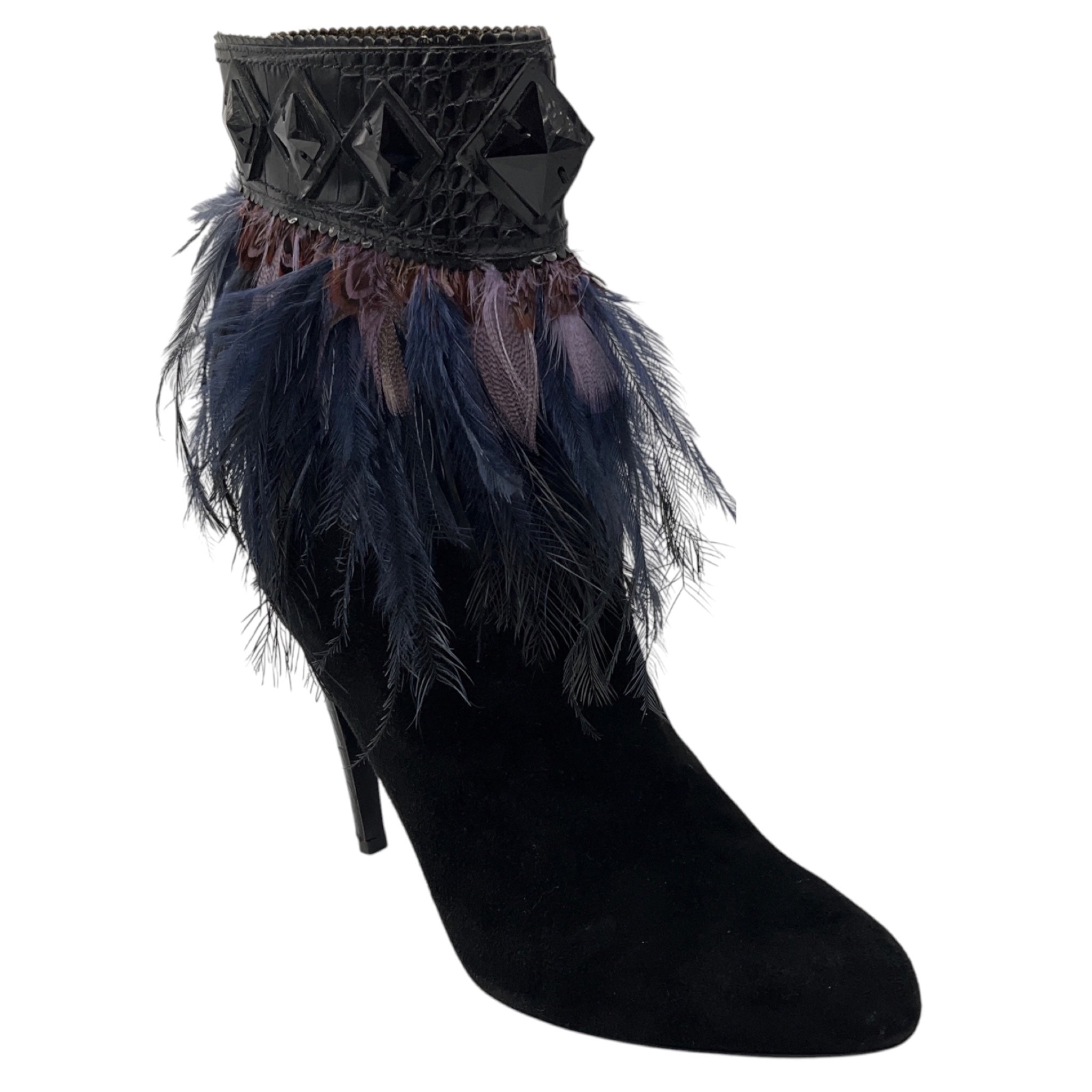 Christian Dior Black / Purple / Blue Feather Embellished Suede Ankle Booties with Embossed Trim
